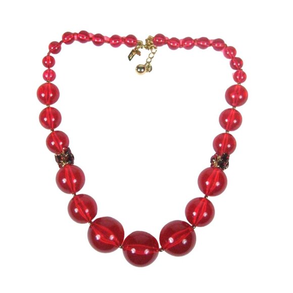 Kate Spade New York Red Lucite Ball Beaded Necklace Designer Signed 26 inch - Picture 1 of 12